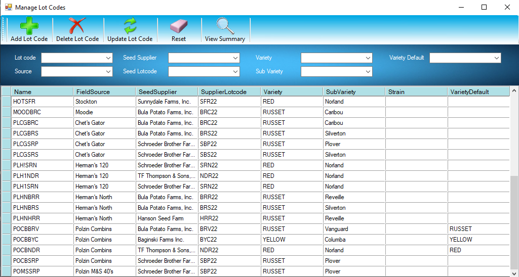 myPTI Manage Lot Codes